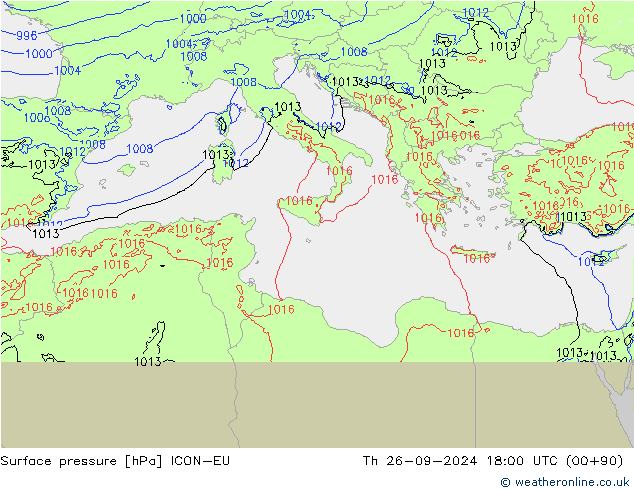 Presión superficial ICON-EU jue 26.09.2024 18 UTC