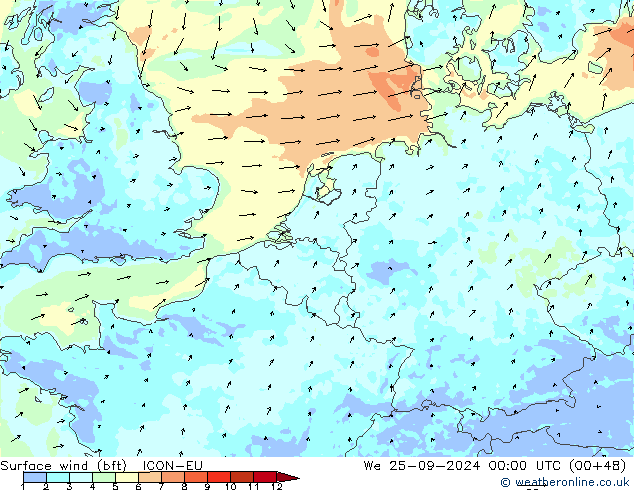 �N 10 米 (bft) ICON-EU 星期三 25.09.2024 00 UTC