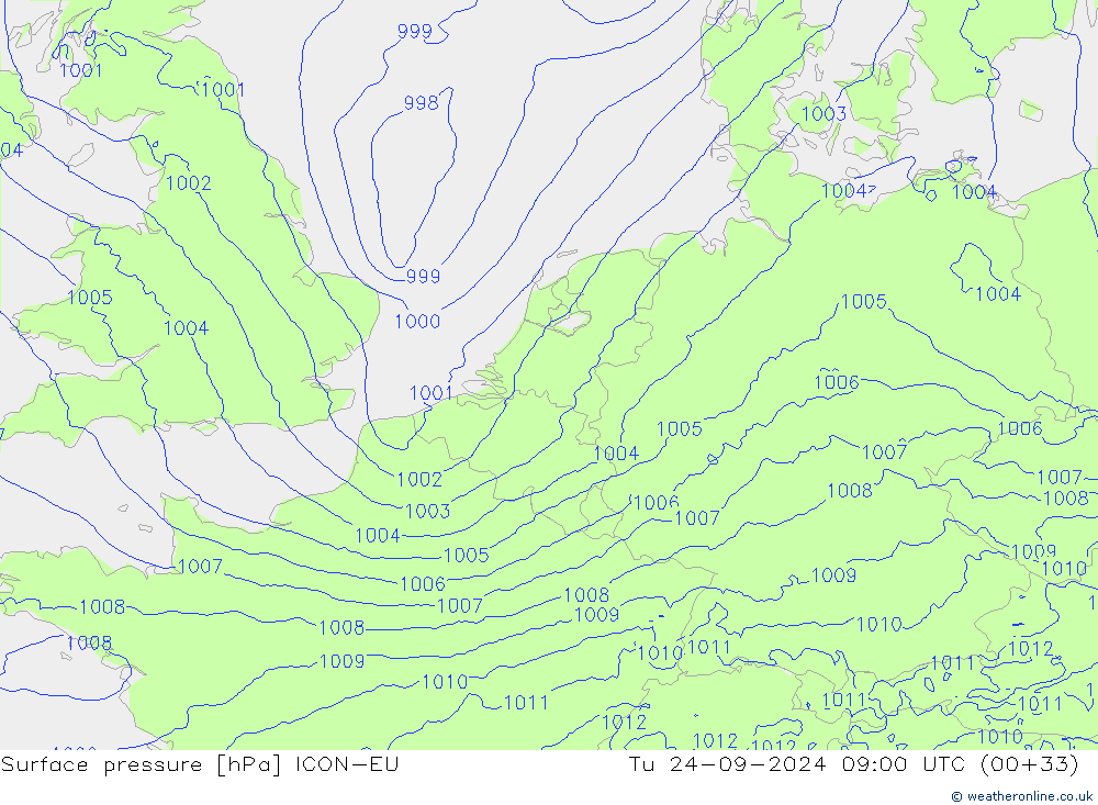 Surface pressure ICON-EU Tu 24.09.2024 09 UTC