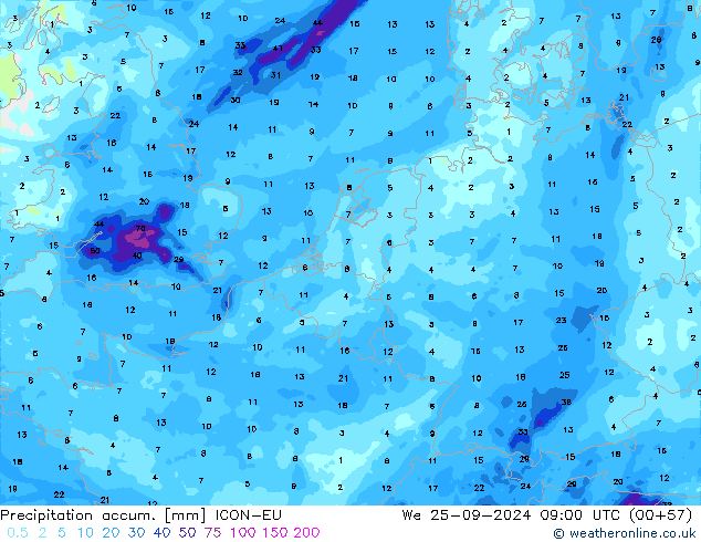 Precipitation accum. ICON-EU We 25.09.2024 09 UTC