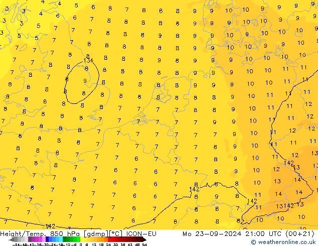 Height/Temp. 850 hPa ICON-EU 星期一 23.09.2024 21 UTC