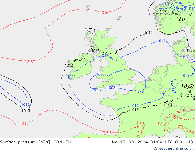 Surface pressure ICON-EU Mo 23.09.2024 01 UTC