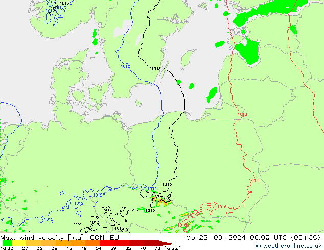 Max. wind velocity ICON-EU пн 23.09.2024 06 UTC