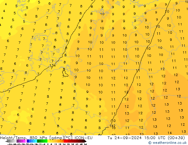 Hoogte/Temp. 850 hPa ICON-EU di 24.09.2024 15 UTC