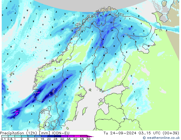 Precipitation (12h) ICON-EU Tu 24.09.2024 15 UTC