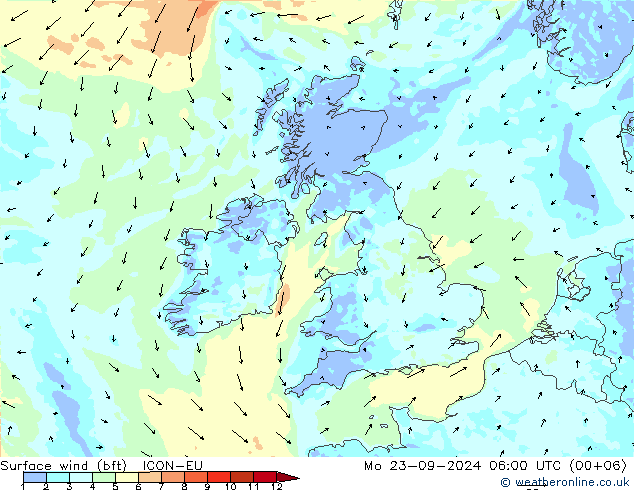 Surface wind (bft) ICON-EU Mo 23.09.2024 06 UTC