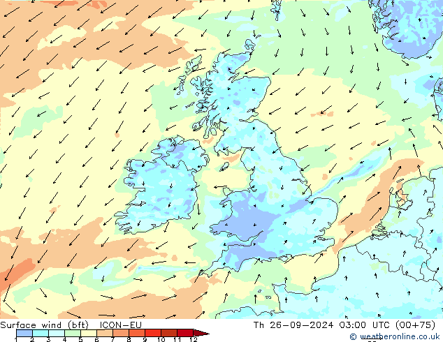 Surface wind (bft) ICON-EU Čt 26.09.2024 03 UTC