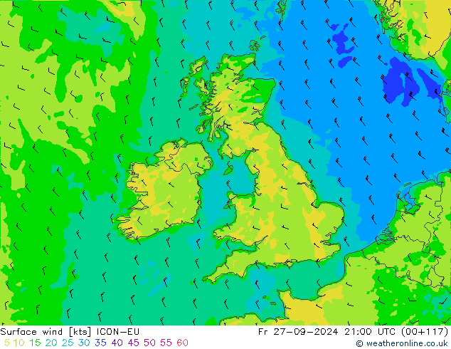 Vento 10 m ICON-EU ven 27.09.2024 21 UTC