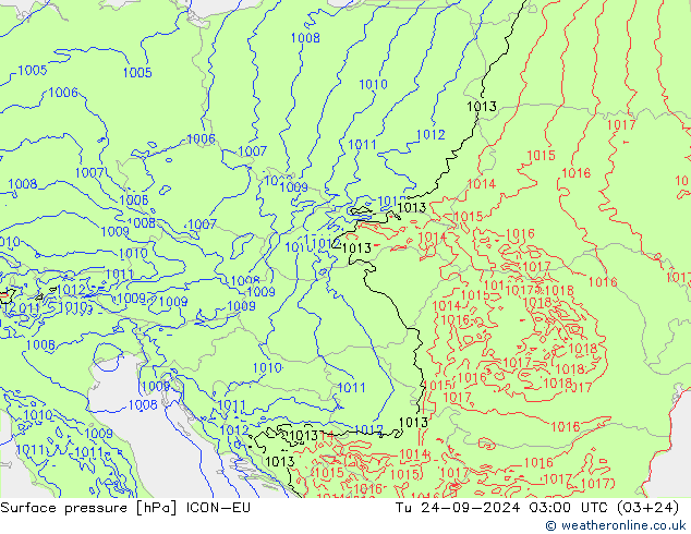 Atmosférický tlak ICON-EU Út 24.09.2024 03 UTC