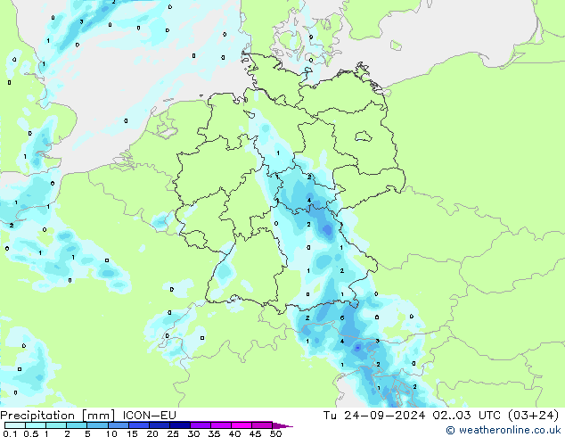 Srážky ICON-EU Út 24.09.2024 03 UTC