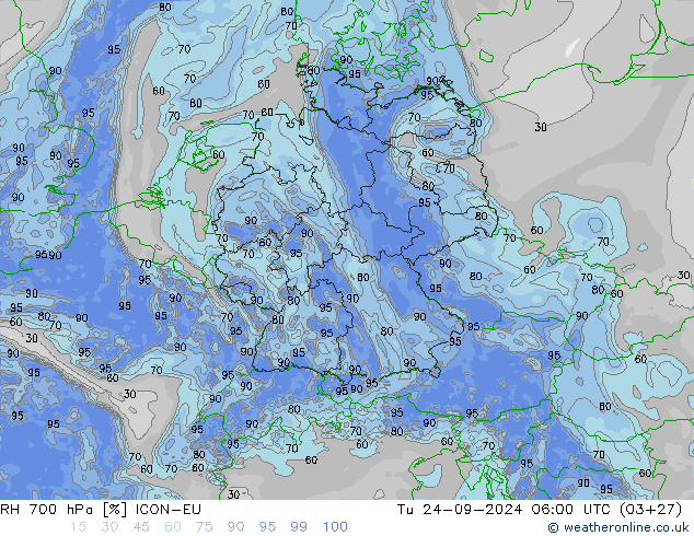 RH 700 hPa ICON-EU Di 24.09.2024 06 UTC