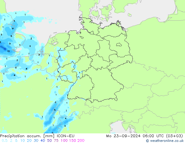 Precipitation accum. ICON-EU 星期一 23.09.2024 06 UTC