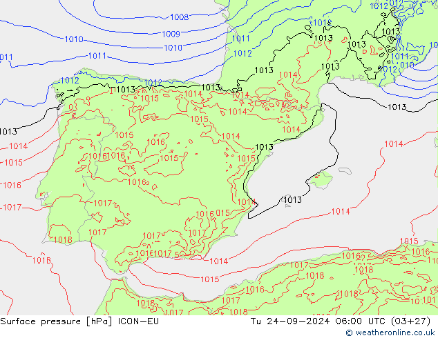 Surface pressure ICON-EU Tu 24.09.2024 06 UTC