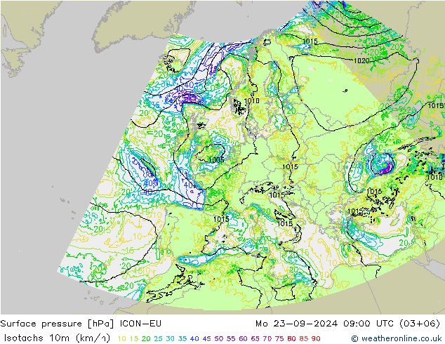 Isotachen (km/h) ICON-EU Mo 23.09.2024 09 UTC