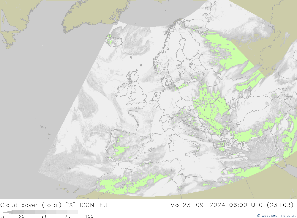 zachmurzenie (suma) ICON-EU pon. 23.09.2024 06 UTC