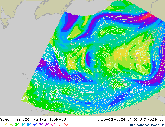 Streamlines 300 hPa ICON-EU Mo 23.09.2024 21 UTC