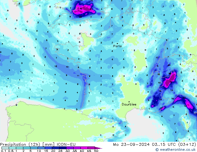 Precipitation (12h) ICON-EU Mo 23.09.2024 15 UTC