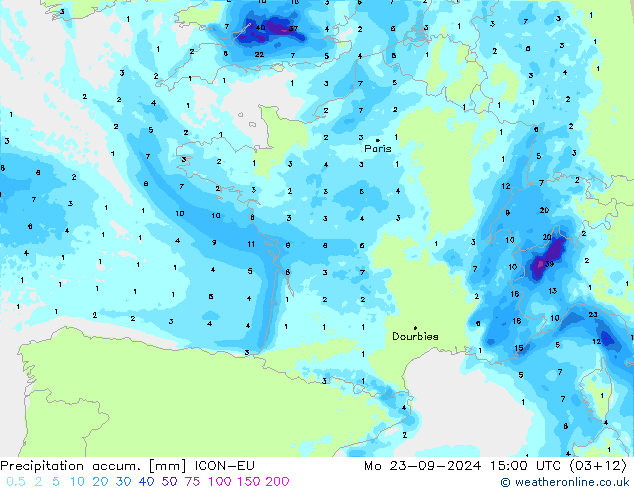 Precipitation accum. ICON-EU Mo 23.09.2024 15 UTC