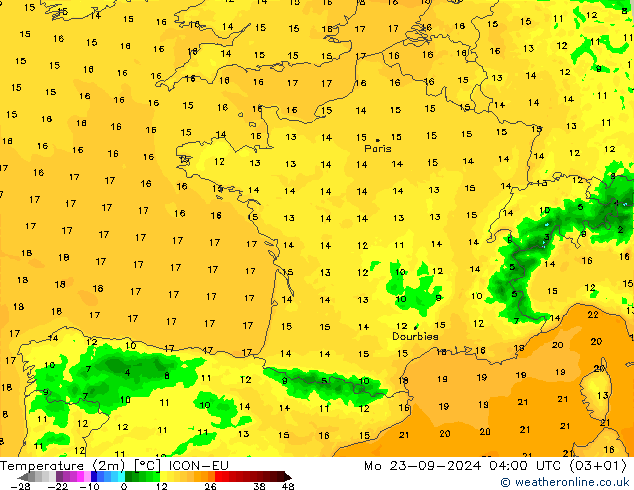 mapa temperatury (2m) ICON-EU pon. 23.09.2024 04 UTC