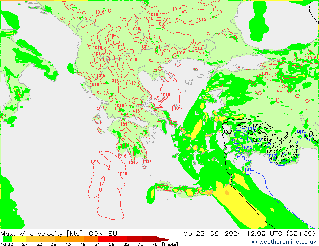 Max. wind velocity ICON-EU Mo 23.09.2024 12 UTC