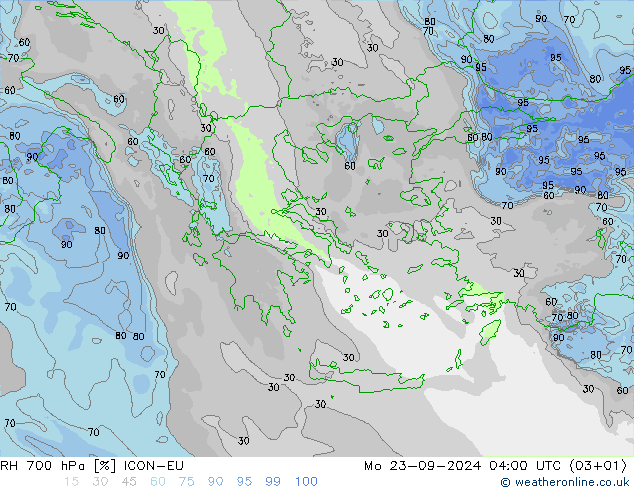 Humidité rel. 700 hPa ICON-EU lun 23.09.2024 04 UTC