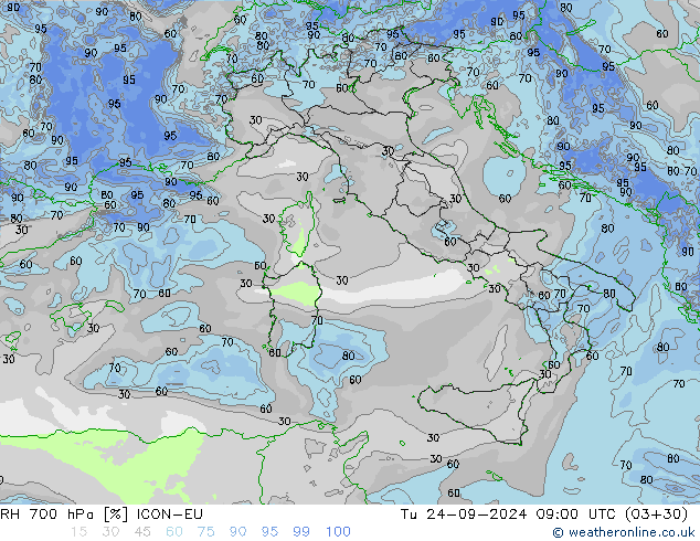 RH 700 hPa ICON-EU  24.09.2024 09 UTC