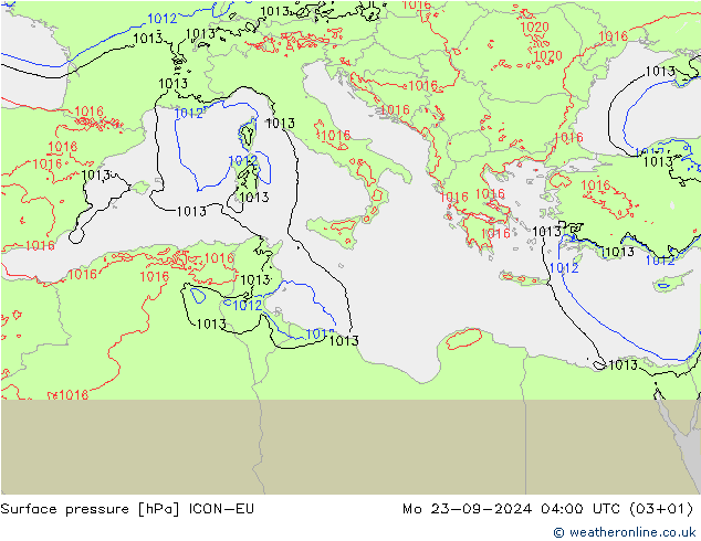 Surface pressure ICON-EU Mo 23.09.2024 04 UTC