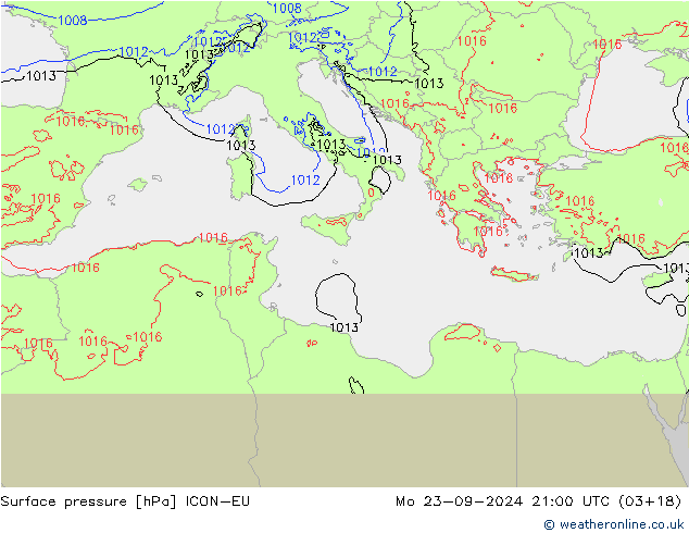 Surface pressure ICON-EU Mo 23.09.2024 21 UTC