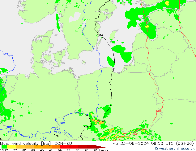 Max. wind velocity ICON-EU Mo 23.09.2024 09 UTC