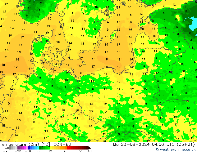 карта температуры ICON-EU пн 23.09.2024 04 UTC