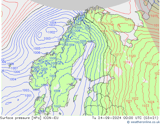 Surface pressure ICON-EU Tu 24.09.2024 00 UTC