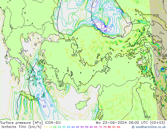 Isotachen (km/h) ICON-EU Mo 23.09.2024 06 UTC