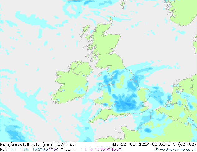 Rain/Snowfall rate ICON-EU Seg 23.09.2024 06 UTC