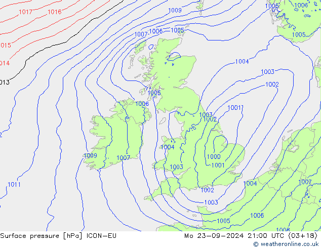 Surface pressure ICON-EU Mo 23.09.2024 21 UTC