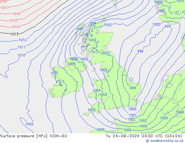 Surface pressure ICON-EU Tu 24.09.2024 03 UTC