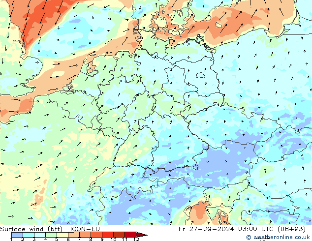 Rüzgar 10 m (bft) ICON-EU Cu 27.09.2024 03 UTC