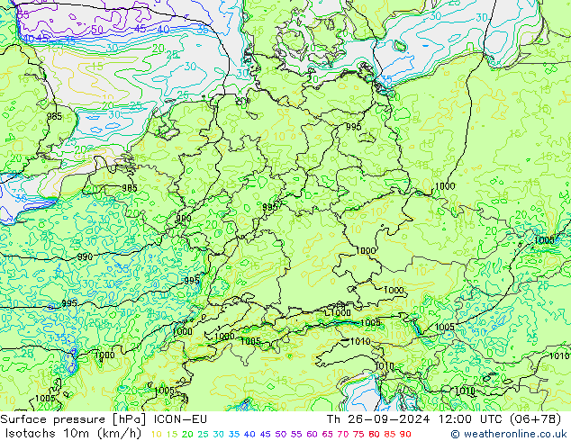 Izotacha (km/godz) ICON-EU czw. 26.09.2024 12 UTC