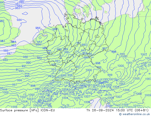 Atmosférický tlak ICON-EU Čt 26.09.2024 15 UTC