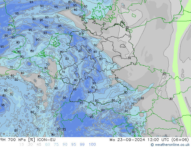 RH 700 hPa ICON-EU Mo 23.09.2024 12 UTC