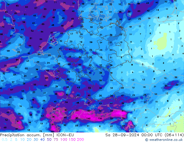 Precipitation accum. ICON-EU Sa 28.09.2024 00 UTC