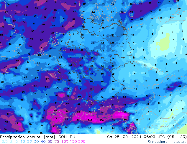 Precipitation accum. ICON-EU Sáb 28.09.2024 06 UTC