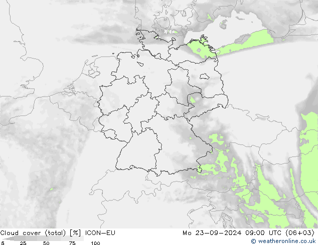 nuvens (total) ICON-EU Seg 23.09.2024 09 UTC