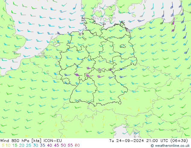 Wind 850 hPa ICON-EU Tu 24.09.2024 21 UTC