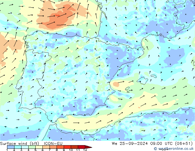 Vento 10 m (bft) ICON-EU mer 25.09.2024 09 UTC