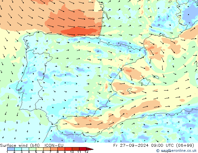 wiatr 10 m (bft) ICON-EU pt. 27.09.2024 09 UTC