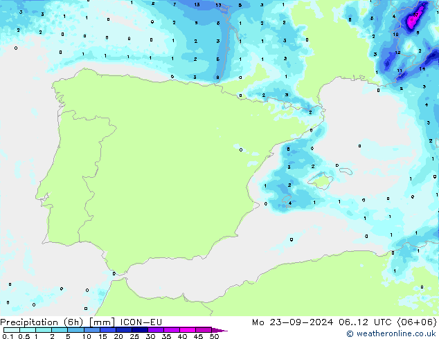 Precipitación (6h) ICON-EU lun 23.09.2024 12 UTC