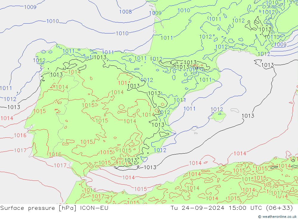 Surface pressure ICON-EU Tu 24.09.2024 15 UTC