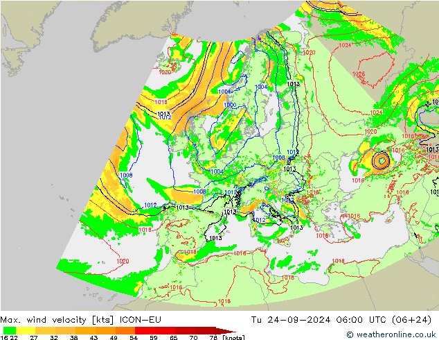 Max. wind velocity ICON-EU Tu 24.09.2024 06 UTC