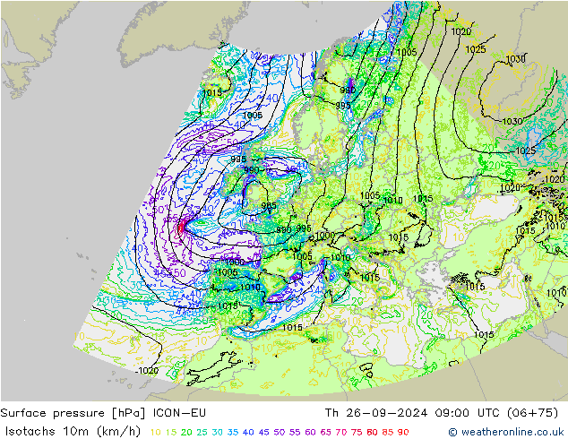 Isotaca (kph) ICON-EU jue 26.09.2024 09 UTC