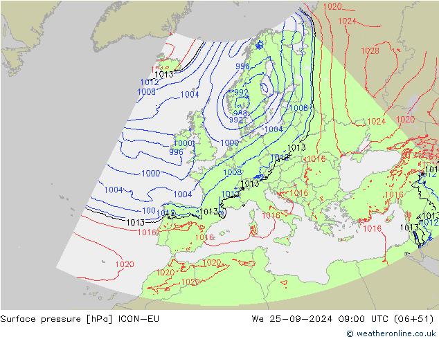 Pressione al suolo ICON-EU mer 25.09.2024 09 UTC